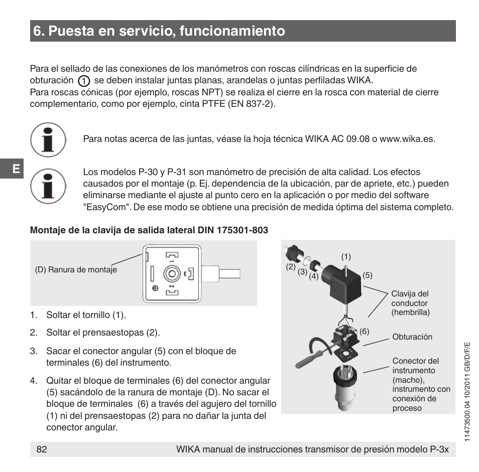 Puesta en servicio, funcionamiento | WIKA P-31 User Manual | Page 82 / 92