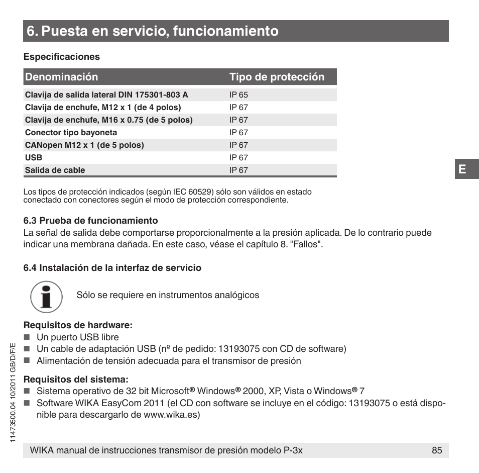 Puesta en servicio, funcionamiento, Denominación tipo de protección | WIKA P-31 User Manual | Page 85 / 92