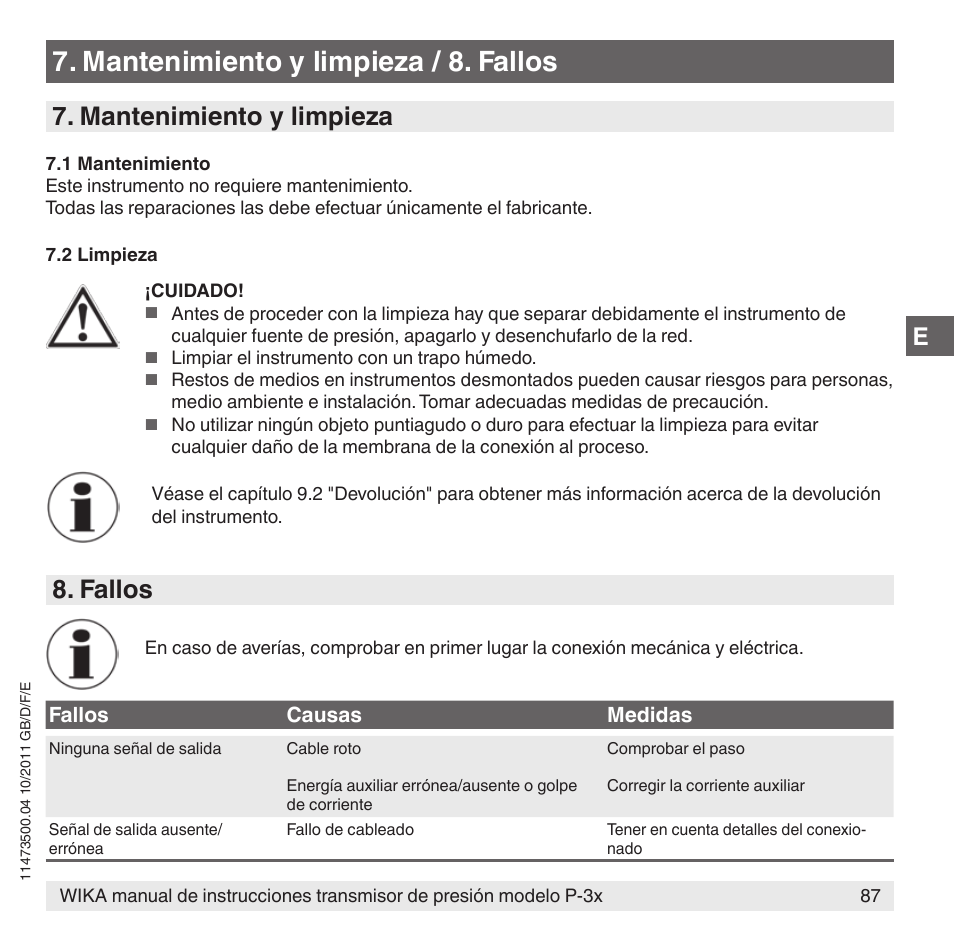 Mantenimiento y limpieza / 8. fallos, Mantenimiento y limpieza, Fallos | WIKA P-31 User Manual | Page 87 / 92