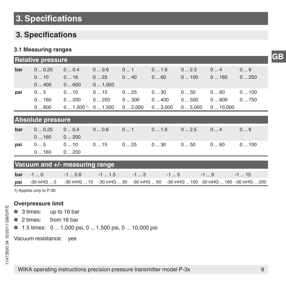 Specifications, Gb 3. specifications, Relative pressure | Absolute pressure, Vacuum and +/- measuring range | WIKA P-31 User Manual | Page 9 / 92