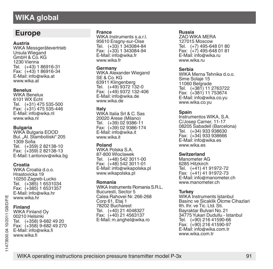 Europe, Wika global | WIKA P-31 User Manual | Page 91 / 92