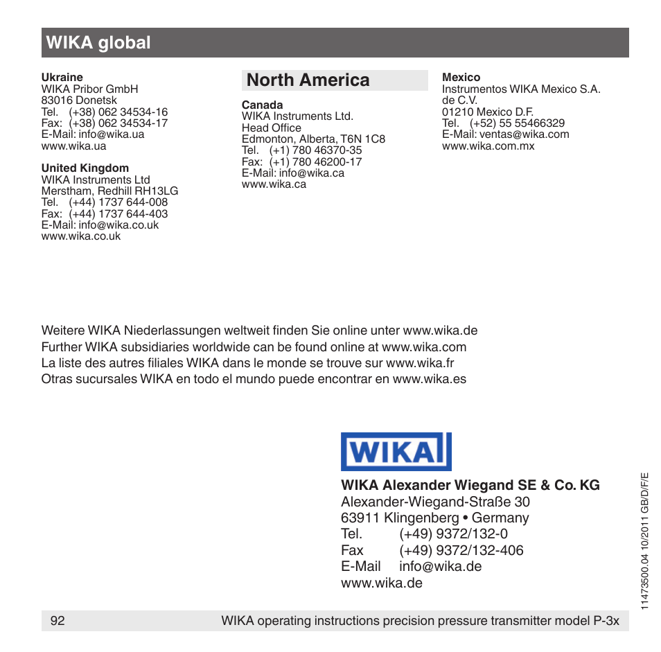 North america, Wika global | WIKA P-31 User Manual | Page 92 / 92
