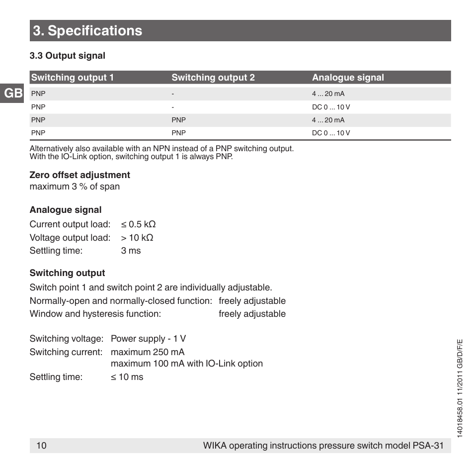 Specifications | WIKA PSA-31 User Manual | Page 10 / 124