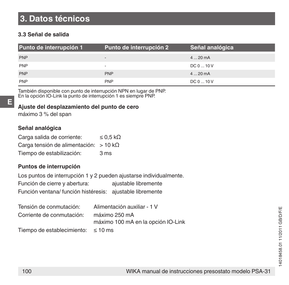 Datos técnicos | WIKA PSA-31 User Manual | Page 100 / 124