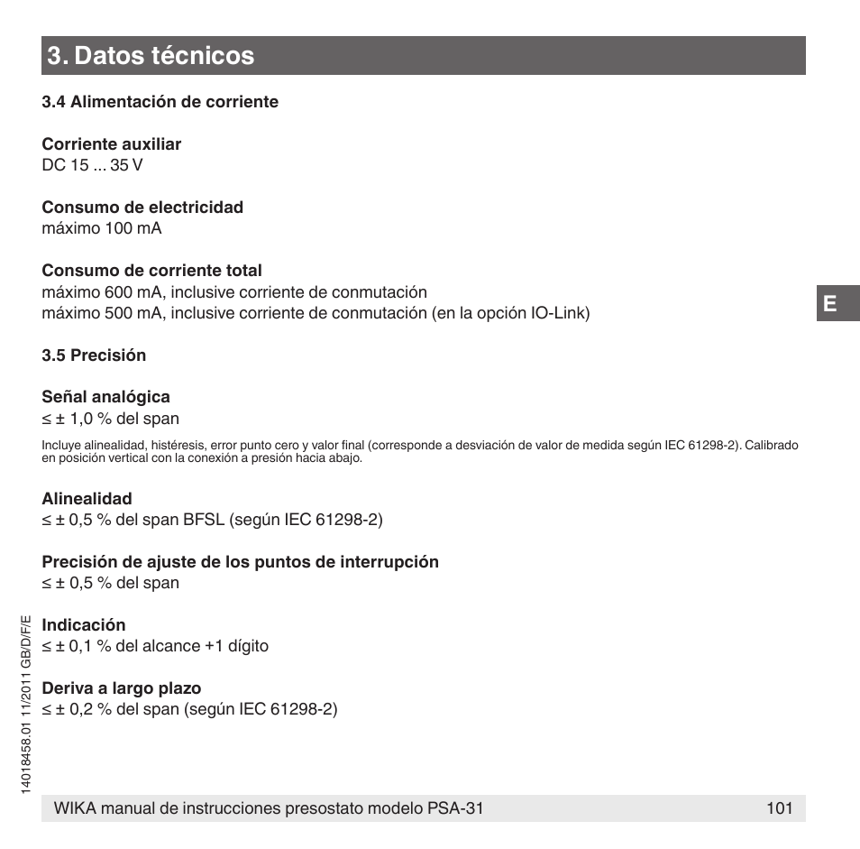 Datos técnicos | WIKA PSA-31 User Manual | Page 101 / 124