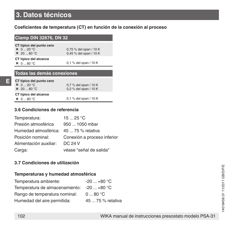 Datos técnicos | WIKA PSA-31 User Manual | Page 102 / 124