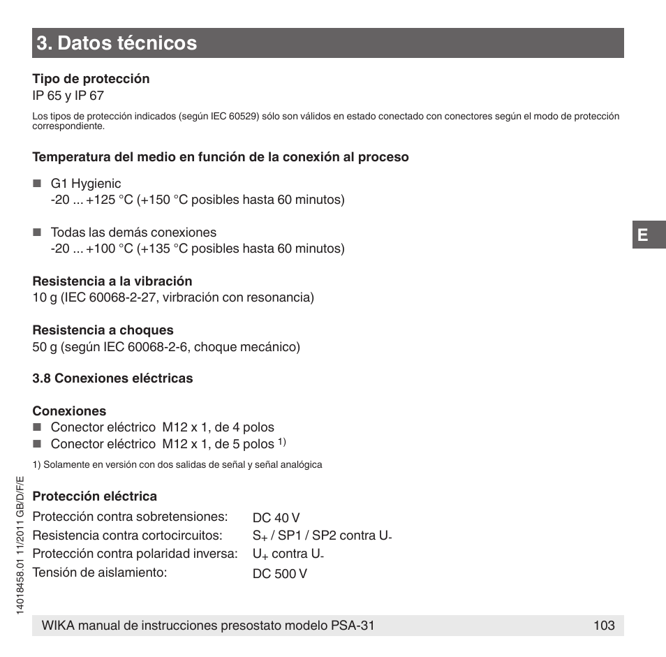 Datos técnicos | WIKA PSA-31 User Manual | Page 103 / 124