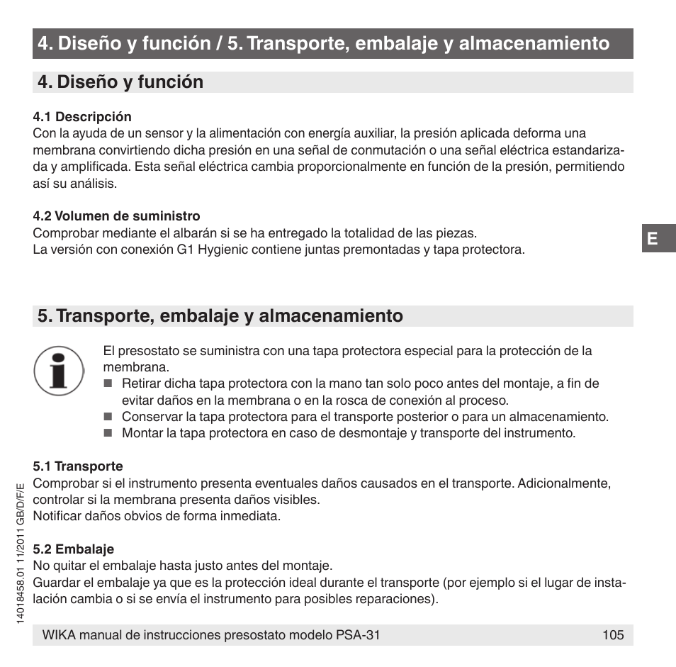 Diseño y función, Transporte, embalaje y almacenamiento | WIKA PSA-31 User Manual | Page 105 / 124