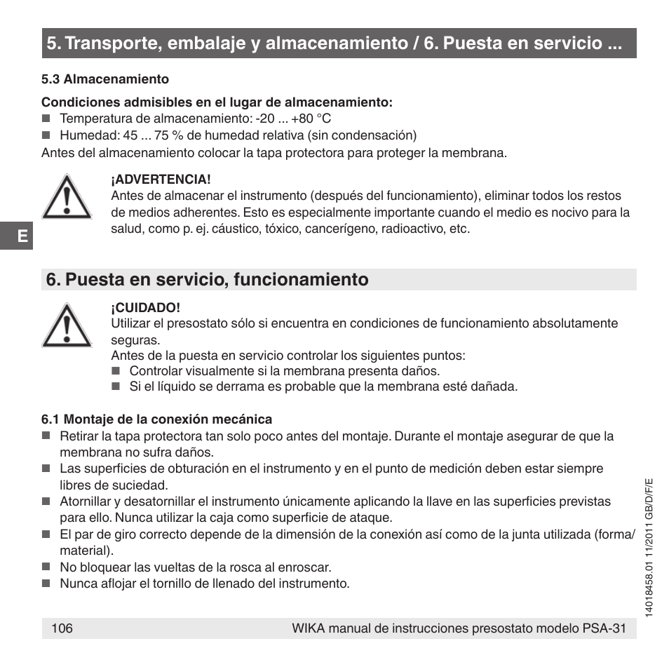 Puesta en servicio, funcionamiento | WIKA PSA-31 User Manual | Page 106 / 124