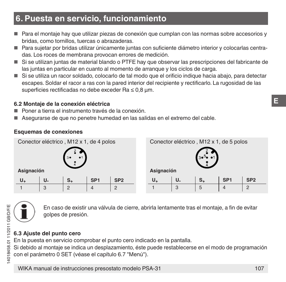 Puesta en servicio, funcionamiento | WIKA PSA-31 User Manual | Page 107 / 124