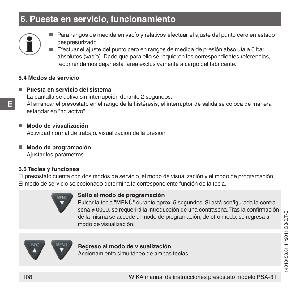 Puesta en servicio, funcionamiento | WIKA PSA-31 User Manual | Page 108 / 124