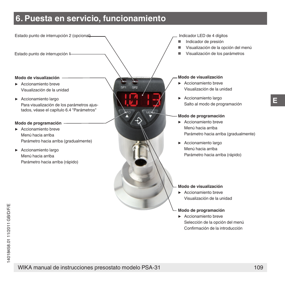 Puesta en servicio, funcionamiento | WIKA PSA-31 User Manual | Page 109 / 124