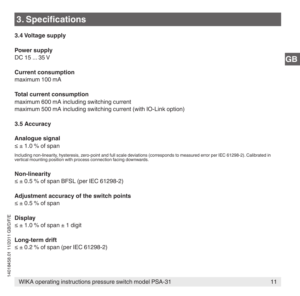 Specifications | WIKA PSA-31 User Manual | Page 11 / 124