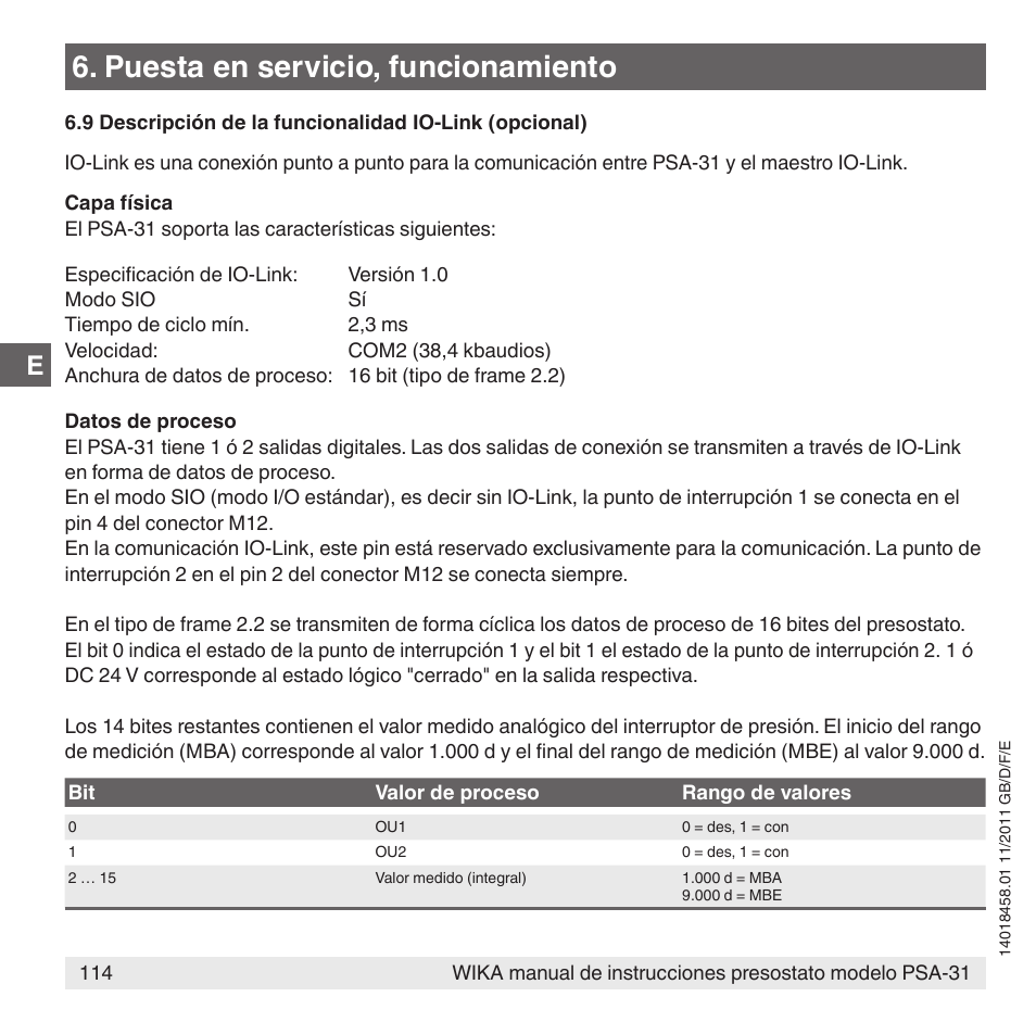 Puesta en servicio, funcionamiento | WIKA PSA-31 User Manual | Page 114 / 124