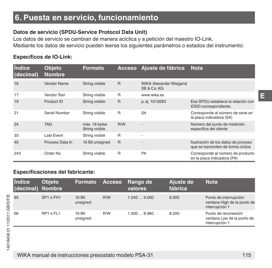 Puesta en servicio, funcionamiento | WIKA PSA-31 User Manual | Page 115 / 124