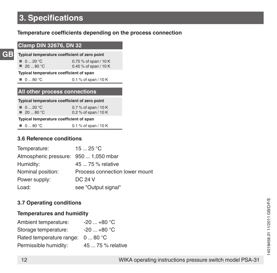 Specifications | WIKA PSA-31 User Manual | Page 12 / 124