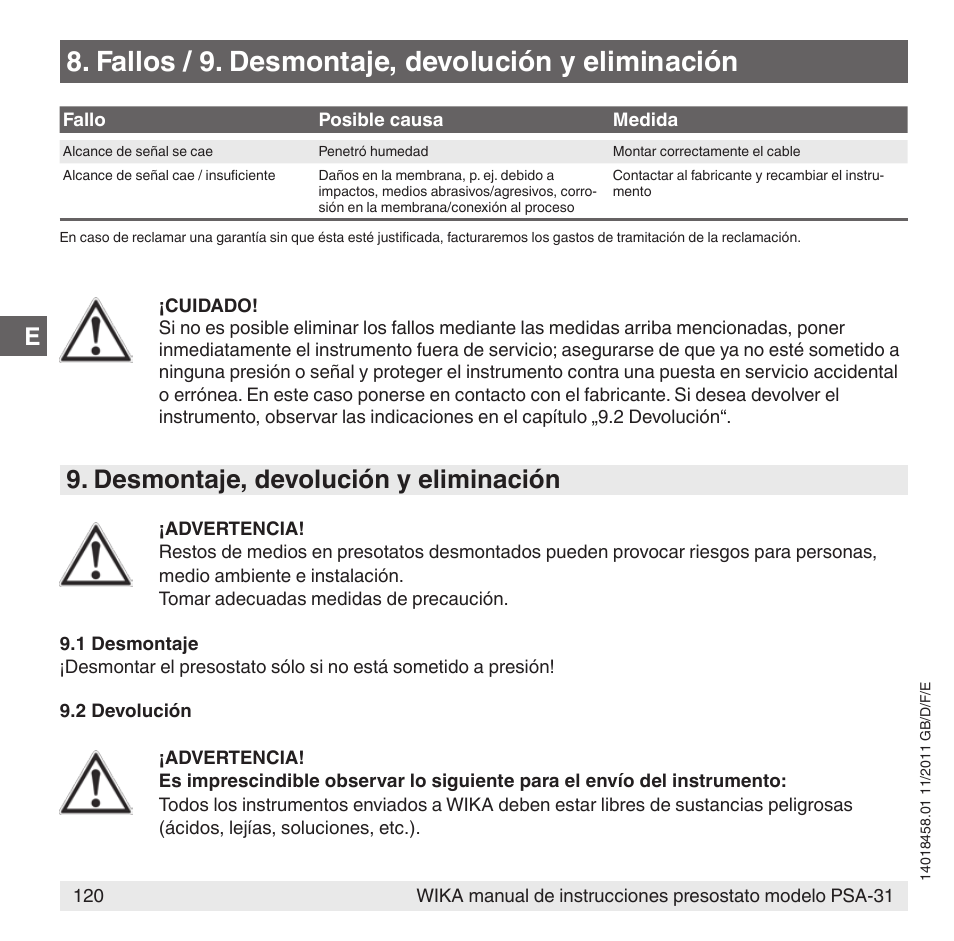 Fallos / 9. desmontaje, devolución y eliminación, Desmontaje, devolución y eliminación | WIKA PSA-31 User Manual | Page 120 / 124