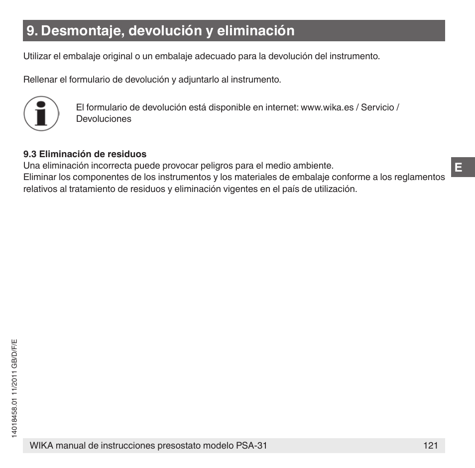 Desmontaje, devolución y eliminación | WIKA PSA-31 User Manual | Page 121 / 124