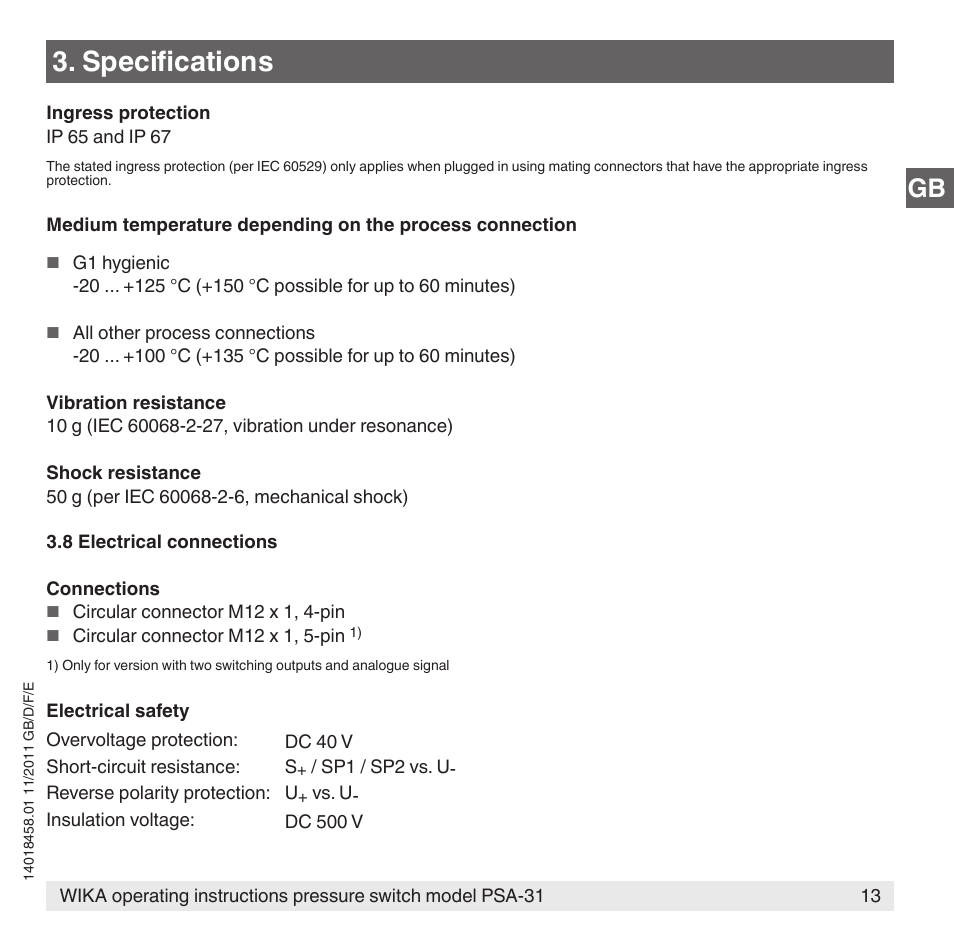 Specifications | WIKA PSA-31 User Manual | Page 13 / 124