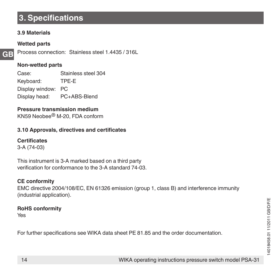 Specifications | WIKA PSA-31 User Manual | Page 14 / 124