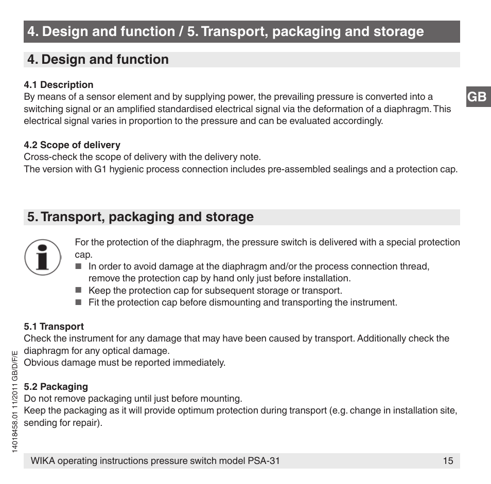 Design and function, Transport, packaging and storage | WIKA PSA-31 User Manual | Page 15 / 124