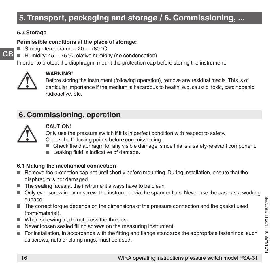 Commissioning, operation | WIKA PSA-31 User Manual | Page 16 / 124