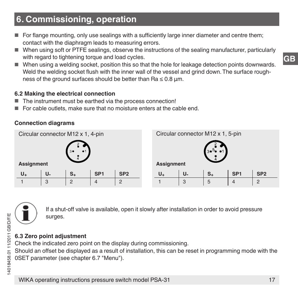 Commissioning, operation | WIKA PSA-31 User Manual | Page 17 / 124