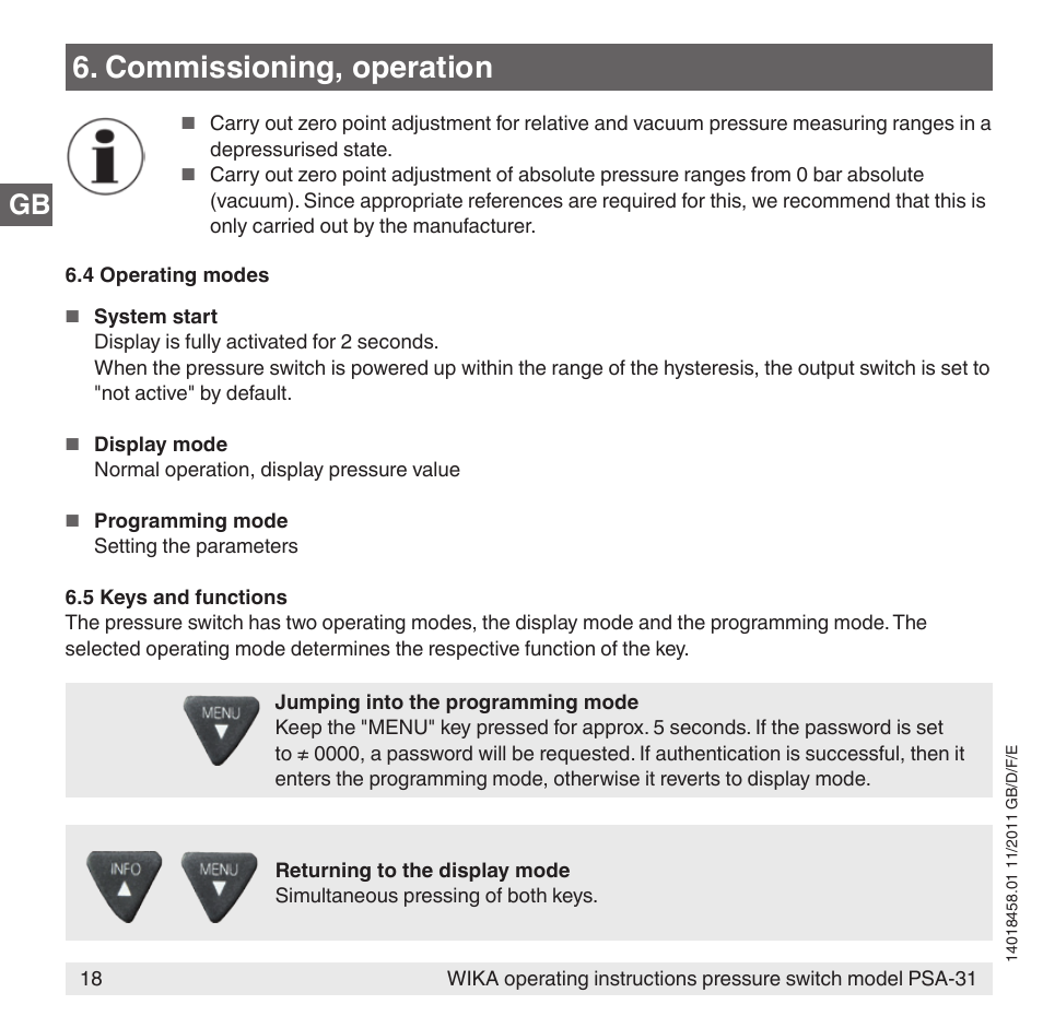 Commissioning, operation | WIKA PSA-31 User Manual | Page 18 / 124