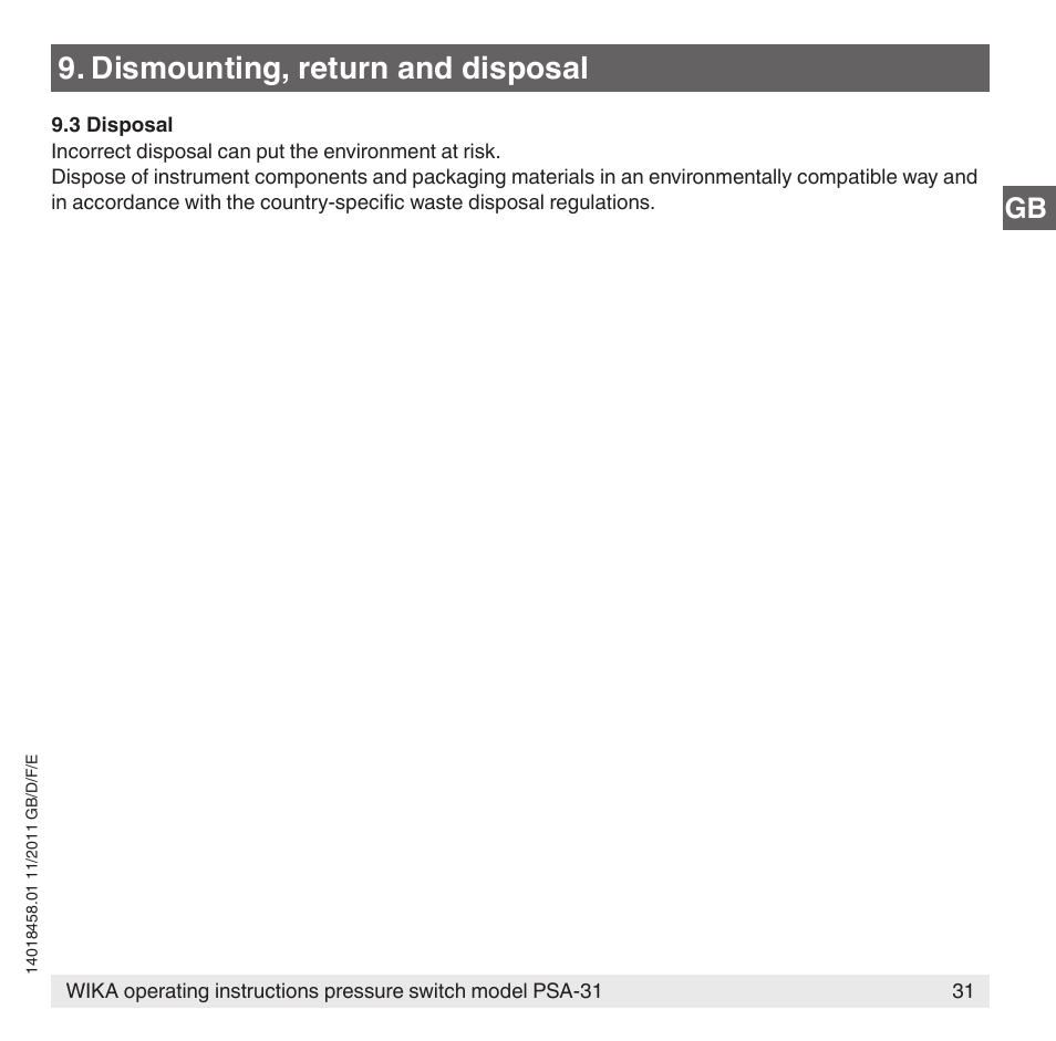 Dismounting, return and disposal | WIKA PSA-31 User Manual | Page 31 / 124