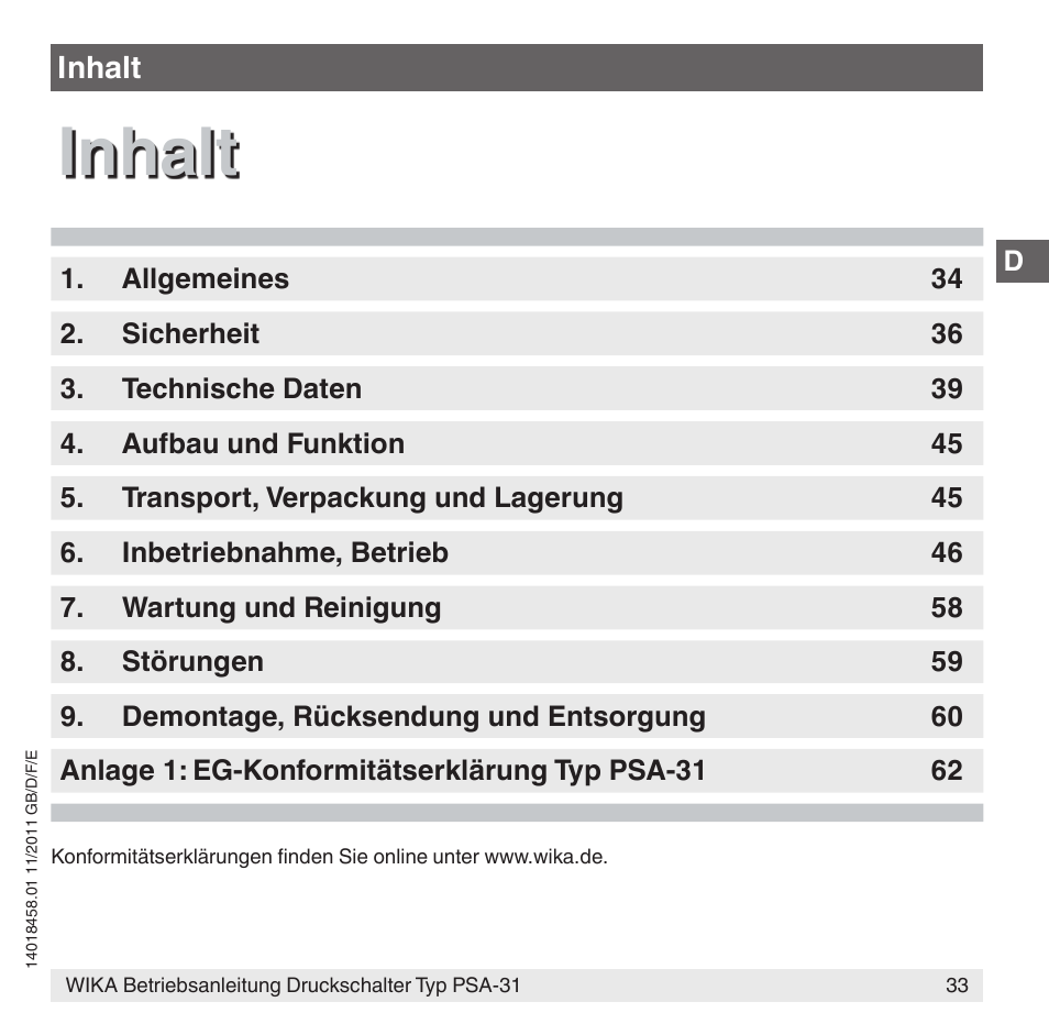 Inhalt | WIKA PSA-31 User Manual | Page 33 / 124