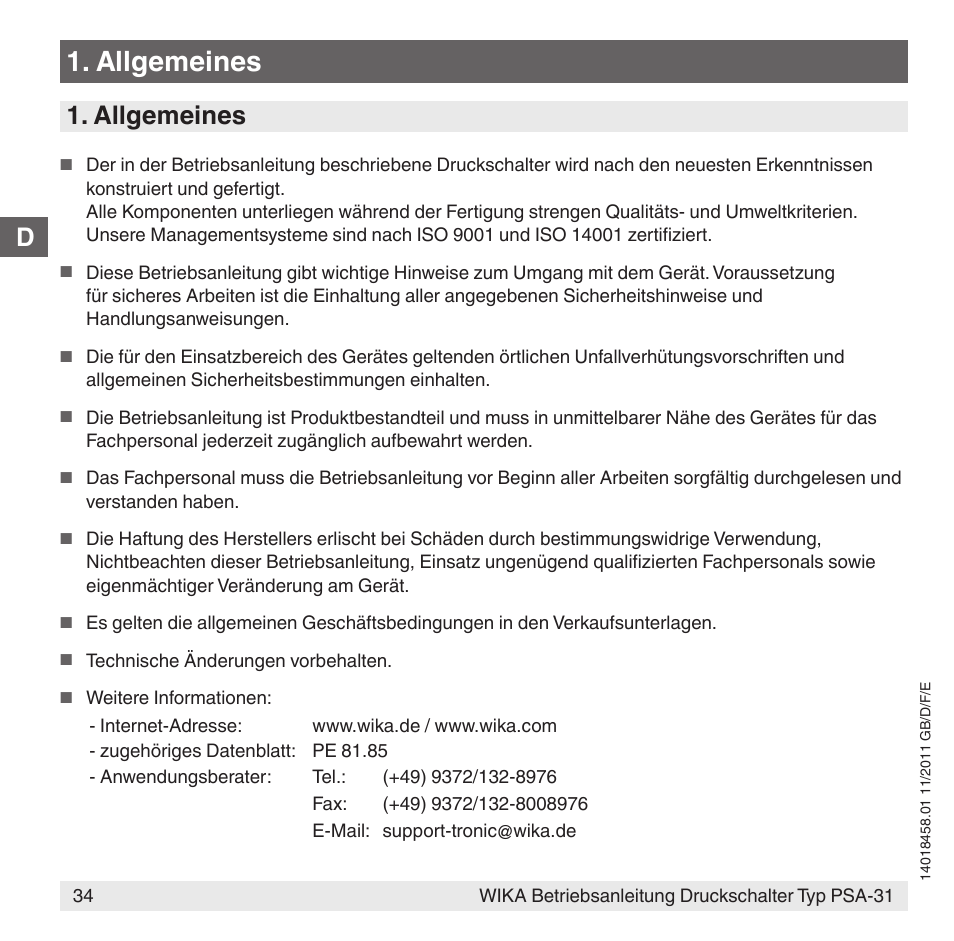 Allgemeines | WIKA PSA-31 User Manual | Page 34 / 124