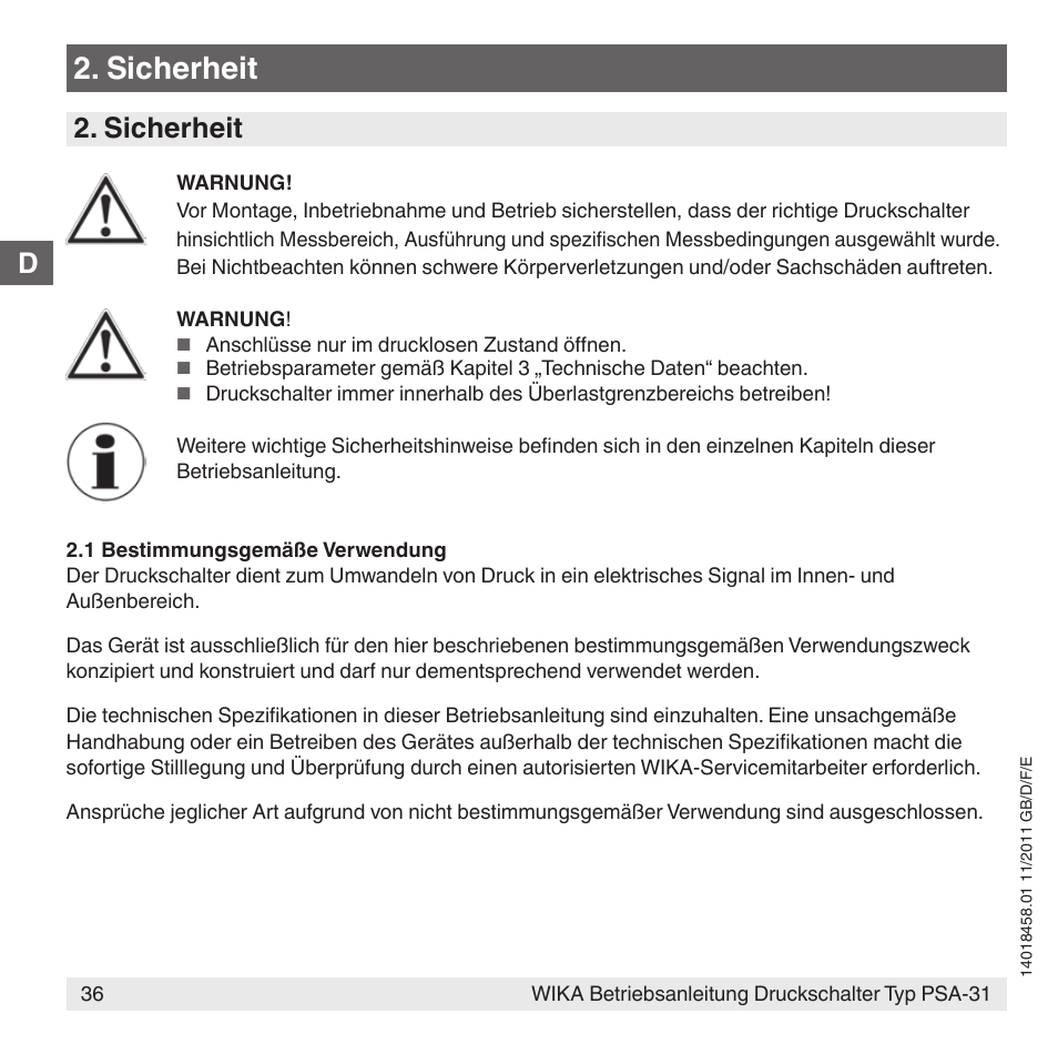 Sicherheit | WIKA PSA-31 User Manual | Page 36 / 124