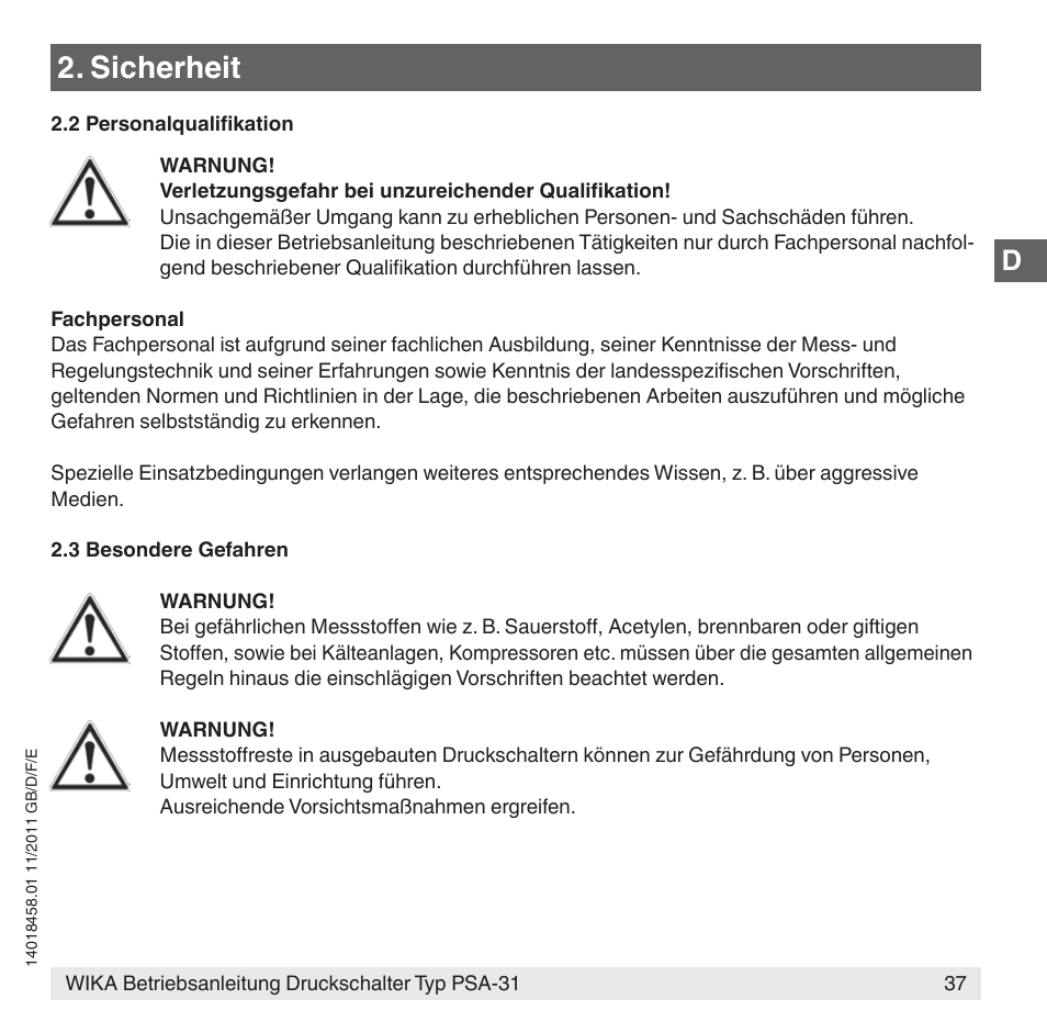 Sicherheit | WIKA PSA-31 User Manual | Page 37 / 124