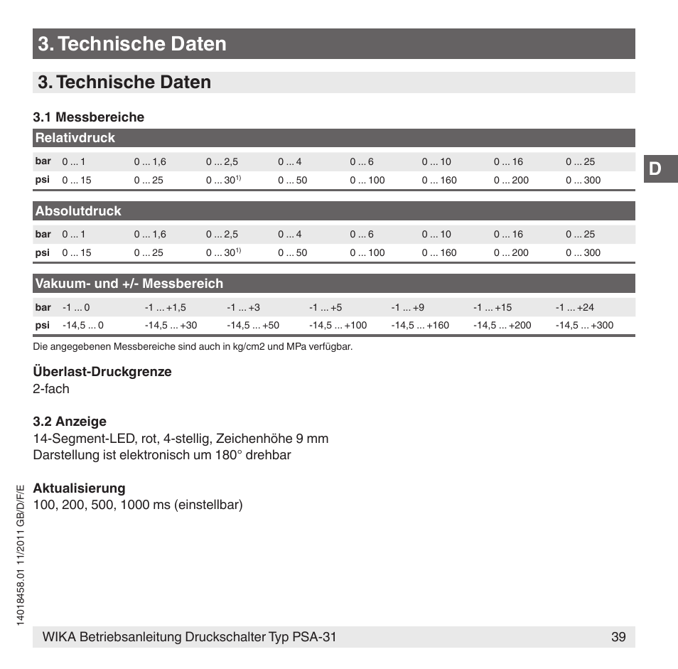 Technische daten | WIKA PSA-31 User Manual | Page 39 / 124