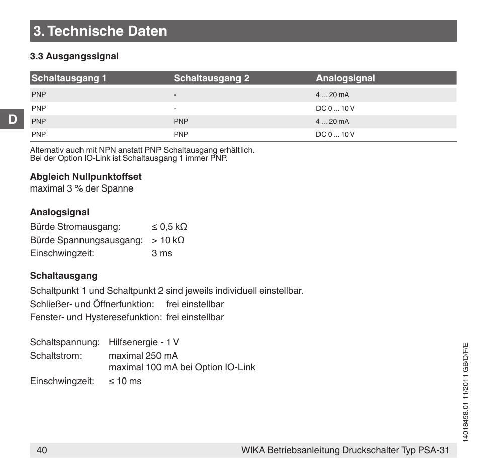 Technische daten | WIKA PSA-31 User Manual | Page 40 / 124