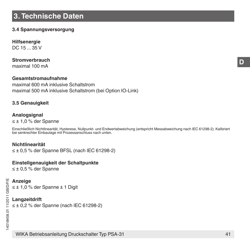 Technische daten | WIKA PSA-31 User Manual | Page 41 / 124