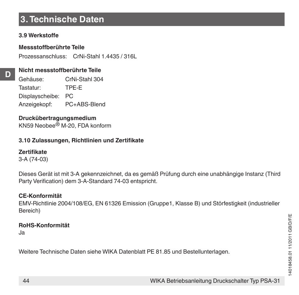 Technische daten | WIKA PSA-31 User Manual | Page 44 / 124