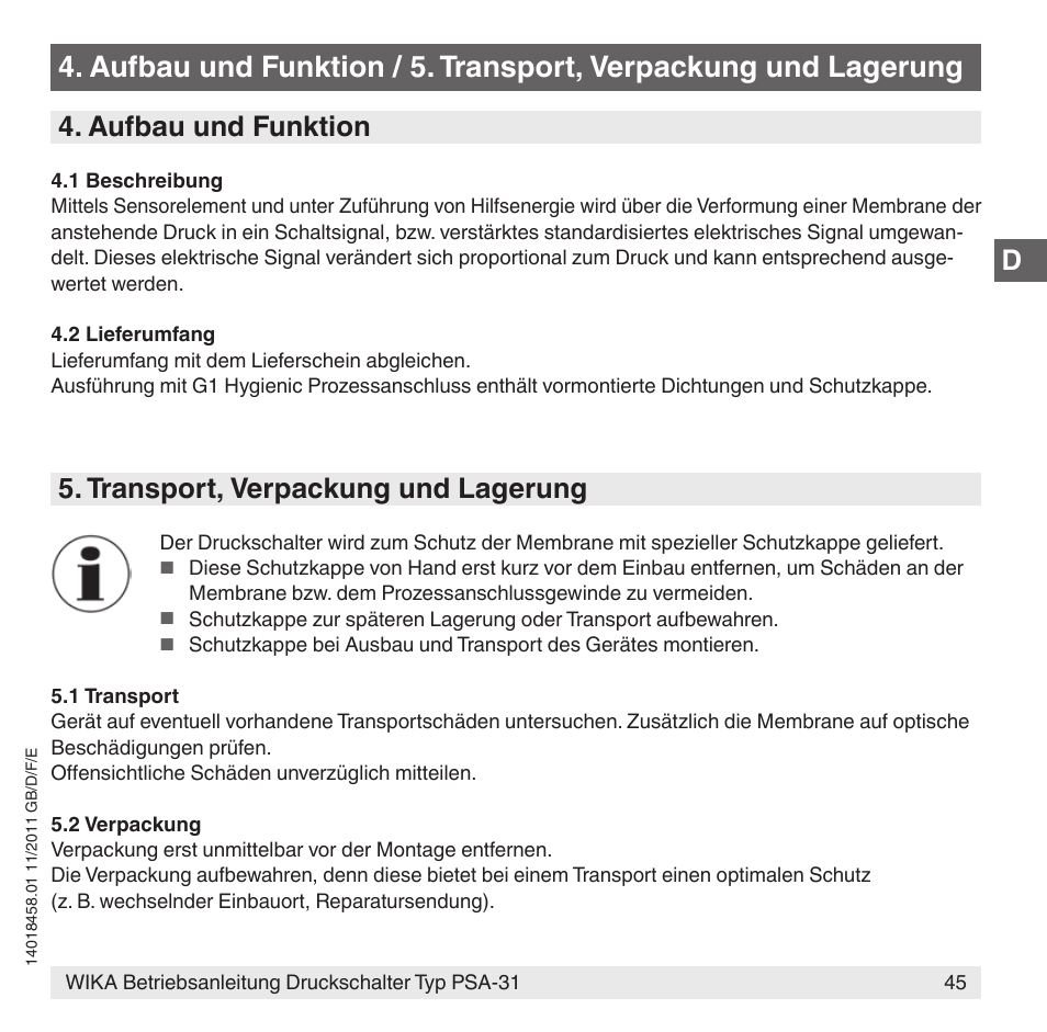 Aufbau und funktion, Transport, verpackung und lagerung | WIKA PSA-31 User Manual | Page 45 / 124