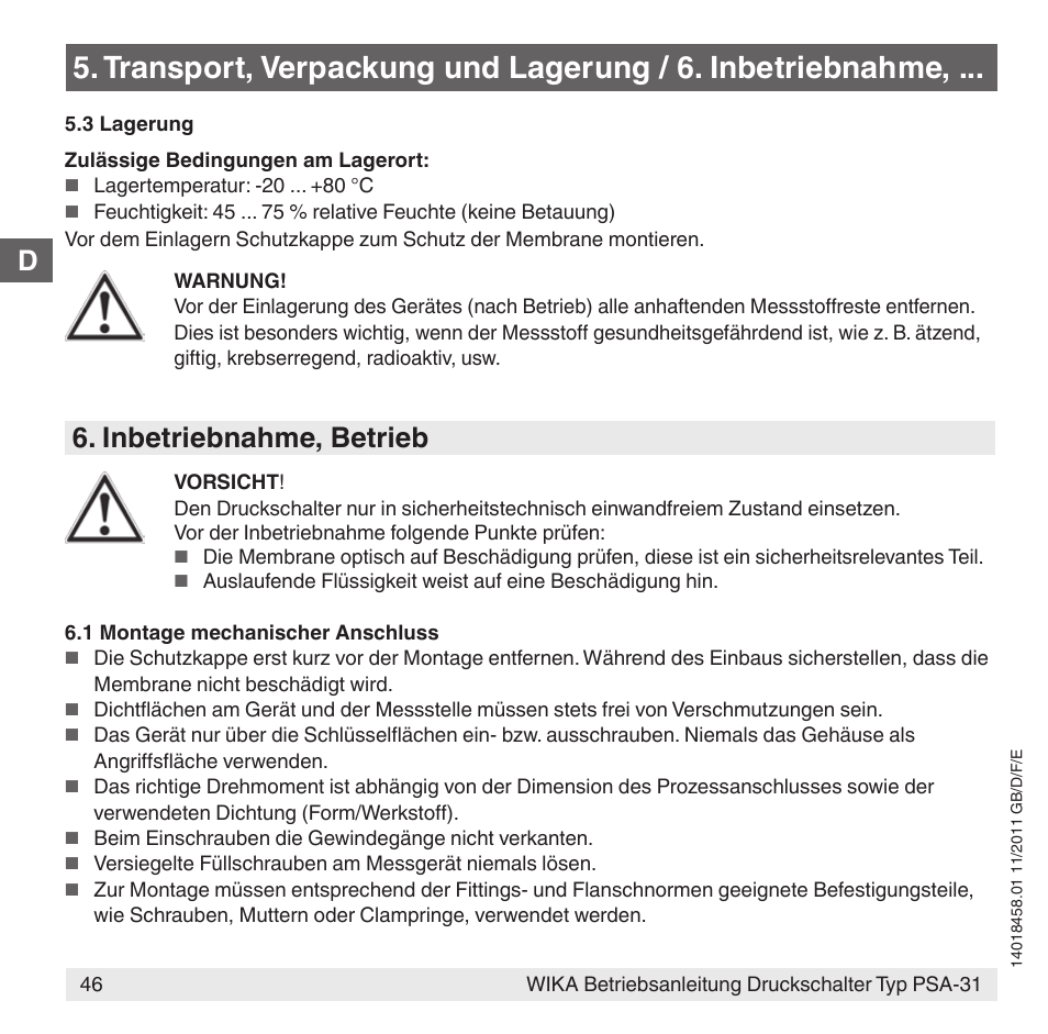 Inbetriebnahme, betrieb | WIKA PSA-31 User Manual | Page 46 / 124