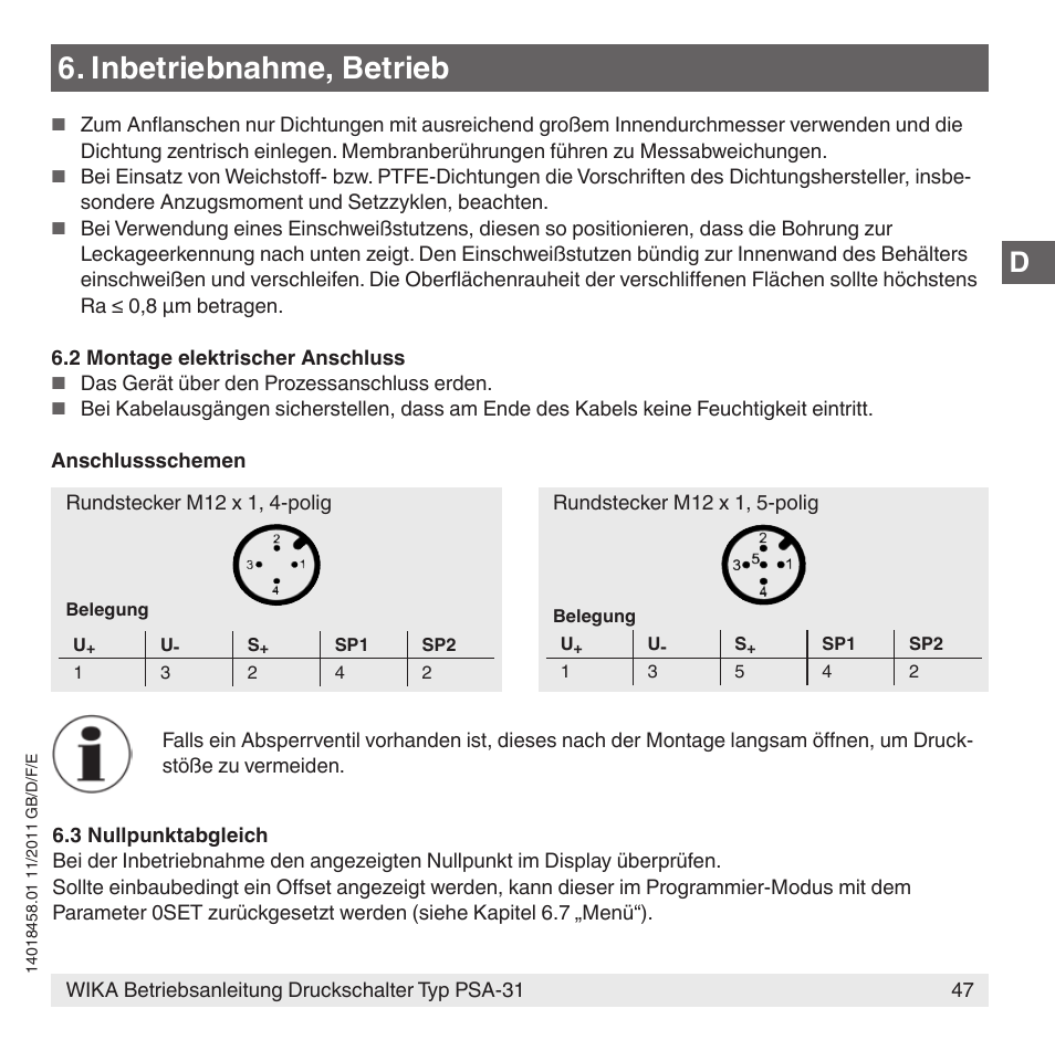 Inbetriebnahme, betrieb | WIKA PSA-31 User Manual | Page 47 / 124