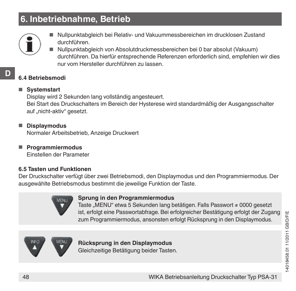 Inbetriebnahme, betrieb | WIKA PSA-31 User Manual | Page 48 / 124