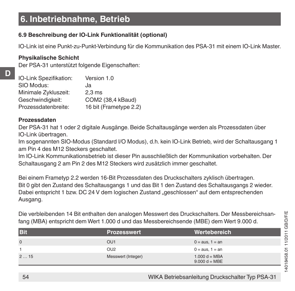 Inbetriebnahme, betrieb | WIKA PSA-31 User Manual | Page 54 / 124