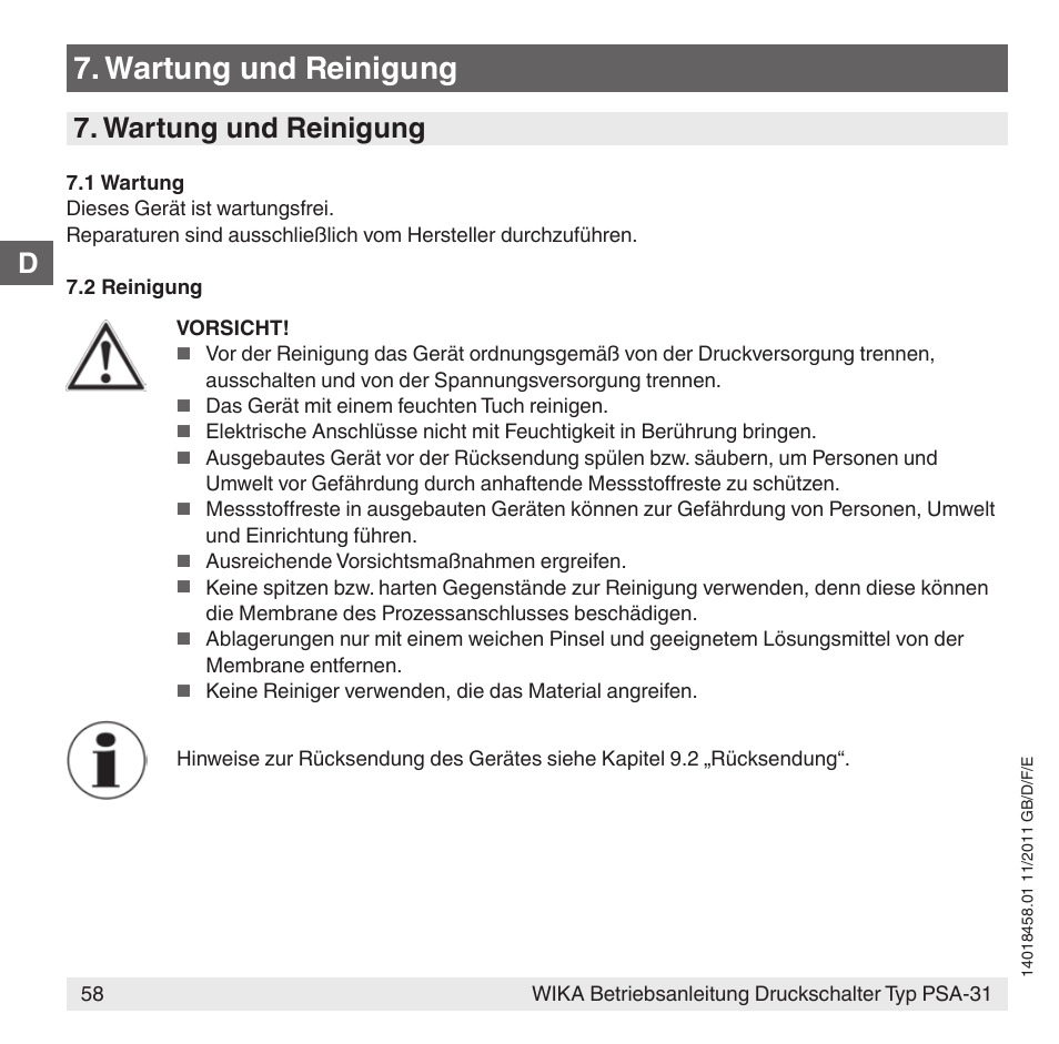 Wartung und reinigung | WIKA PSA-31 User Manual | Page 58 / 124