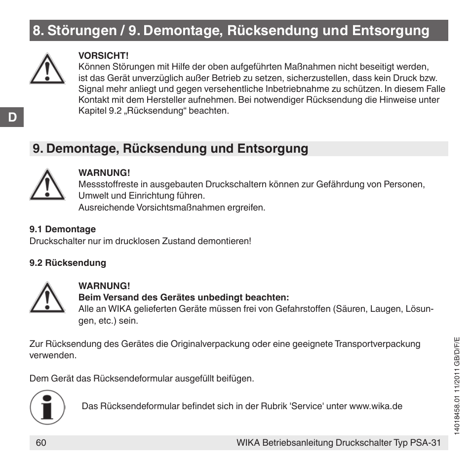 Demontage, rücksendung und entsorgung | WIKA PSA-31 User Manual | Page 60 / 124