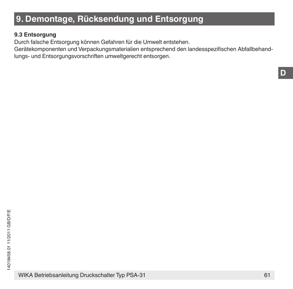 Demontage, rücksendung und entsorgung | WIKA PSA-31 User Manual | Page 61 / 124