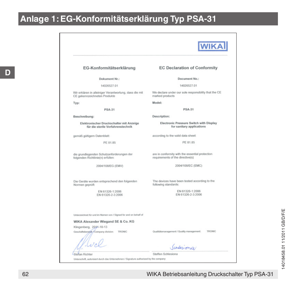 Anlage 1: eg-konformitätserklärung typ psa-31 | WIKA PSA-31 User Manual | Page 62 / 124