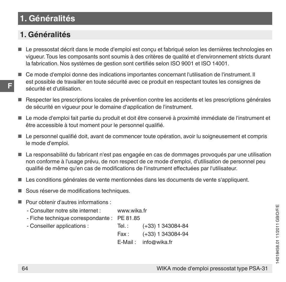 Généralités | WIKA PSA-31 User Manual | Page 64 / 124