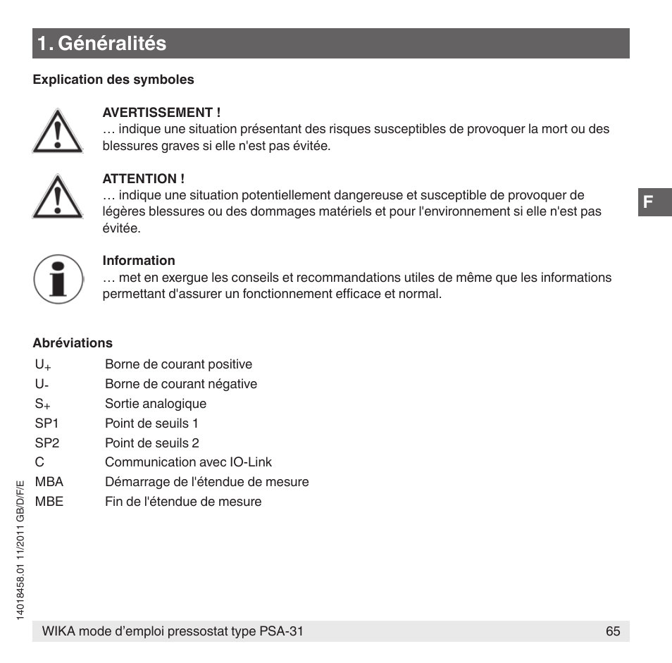 Généralités | WIKA PSA-31 User Manual | Page 65 / 124