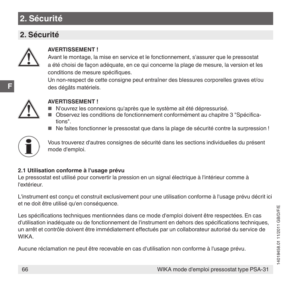 Sécurité | WIKA PSA-31 User Manual | Page 66 / 124