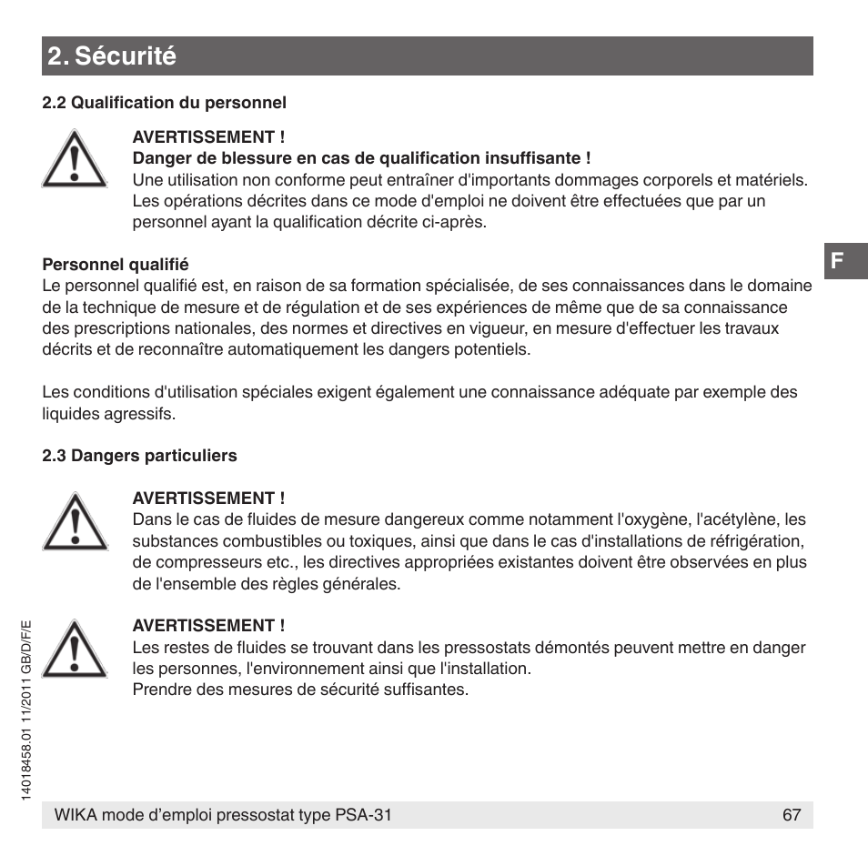 Sécurité | WIKA PSA-31 User Manual | Page 67 / 124